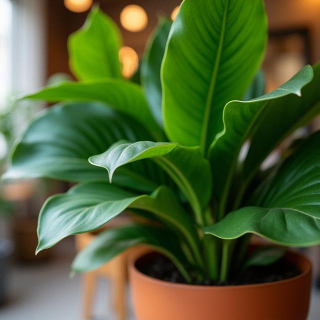 Dettaglio ravvicinato di una grande pianta verde in un vaso di terracotta, parte dell'arredamento del salone.