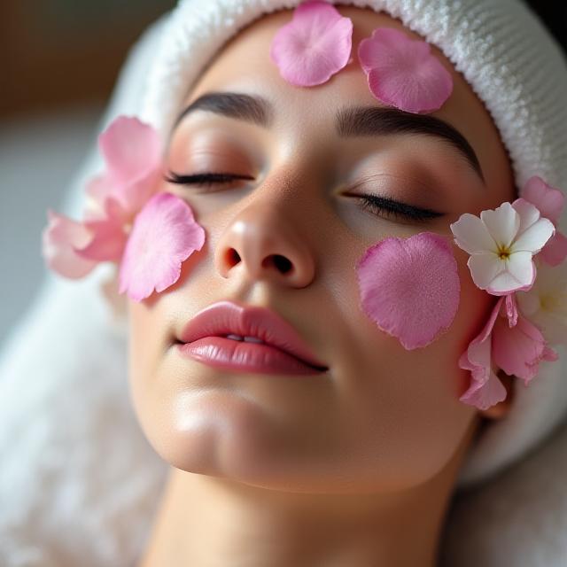 Primo piano di una donna che riceve un trattamento viso con prodotti naturali, con petali di fiori sul viso.